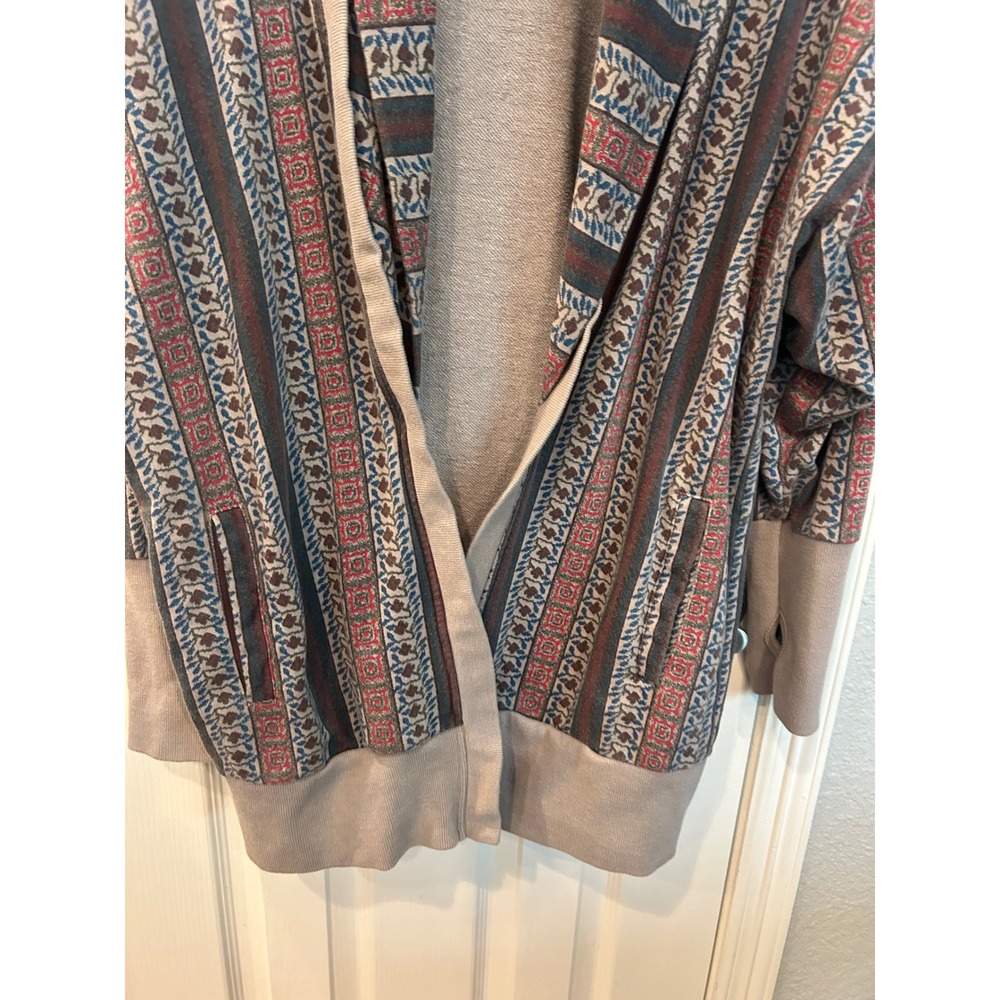 Alternative Cardigan Taupe Geometric Stripe Shawl Collar Thumbhole Boho Wrap - Picture 2 of 8